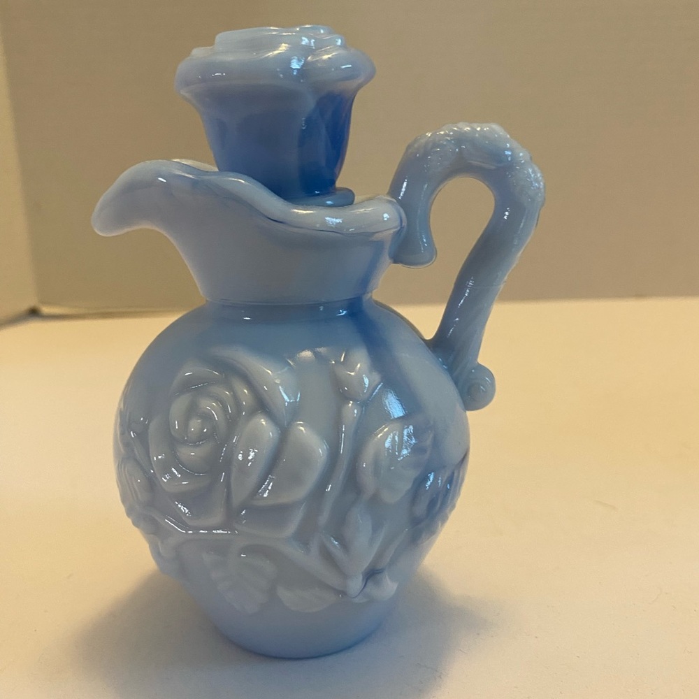 Vintage 1978 Avon Blue Rose Milk Glass Pitcher w/ Stopper Victorian Style 6.5"